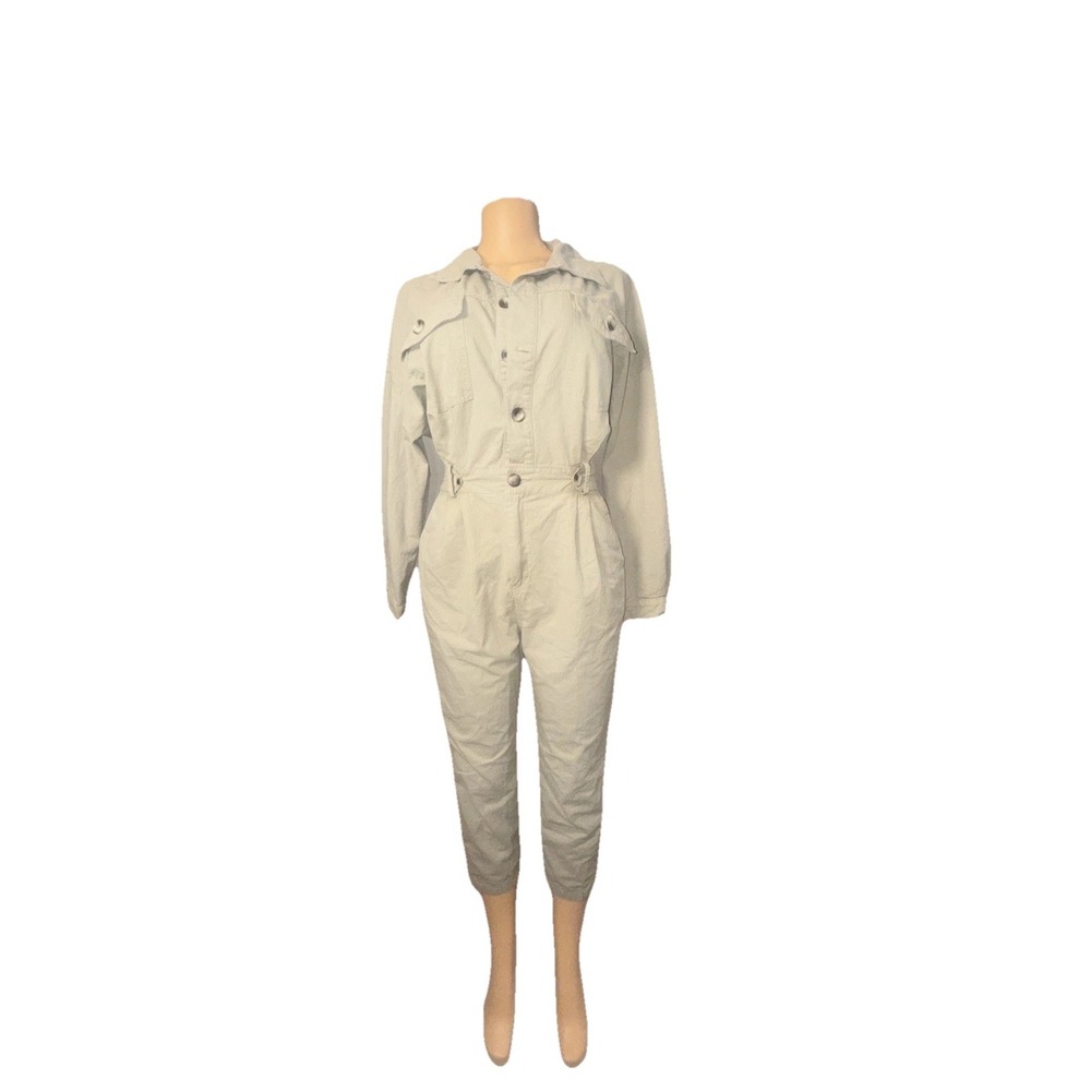 Marble Women Beige Cotton Button Utility Jumpsuit